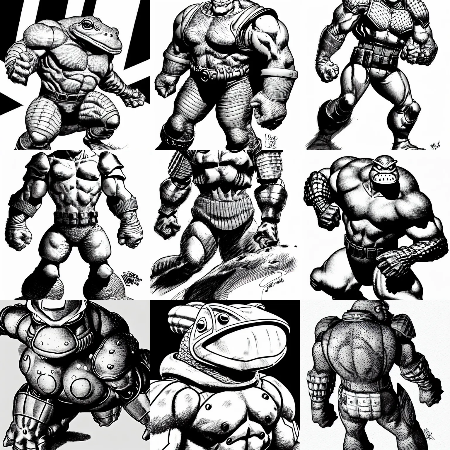 Prompt: toad animal!!! jim lee!!! sideview full shot!! flat ink sketch grayscale by jim lee close up in the style of jim lee, ( attention pose ) cyborg! battle armor rugged knight hulk toad animal superhero by jim lee