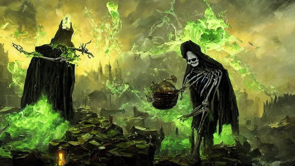 Image similar to A highly detailed oil painting by Greg Rutkowski and Afremov of a skeleton wearing black robes making a potion glowing bright green in a huge bubbling cauldron, highly detailed fantasy concept artwork, very realistic.