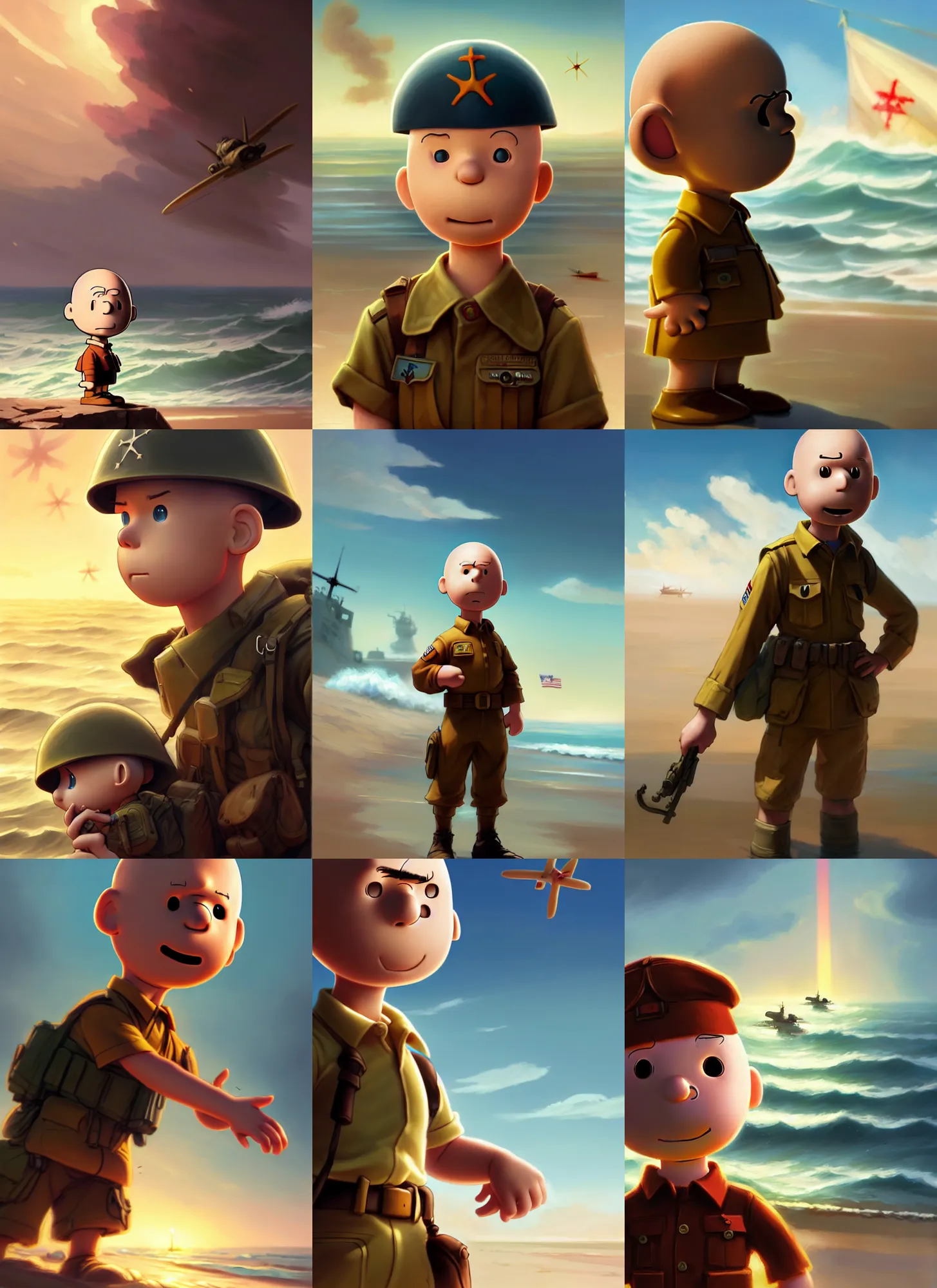 Prompt: beautiful portrait of charlie brown storming the beaches of normandy during d - day during world war 2. character design by disney, charlie bowater, ross tran, artgerm, and makoto shinkai, detailed, soft lighting, rendered in octane