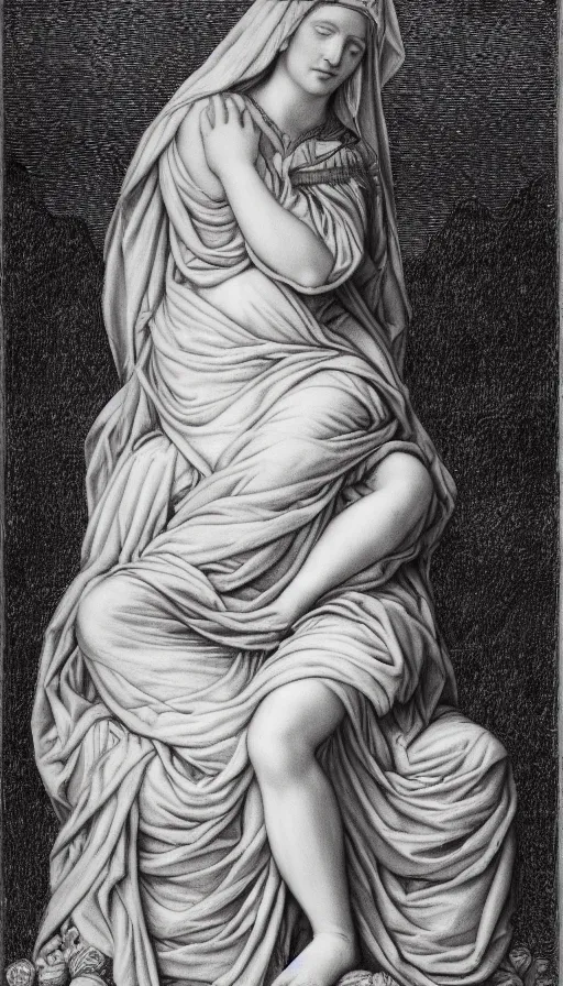 Prompt: the empress by evelyn de morgan, black and white graphite drawing, fertility, nature, sitting in a stone throne