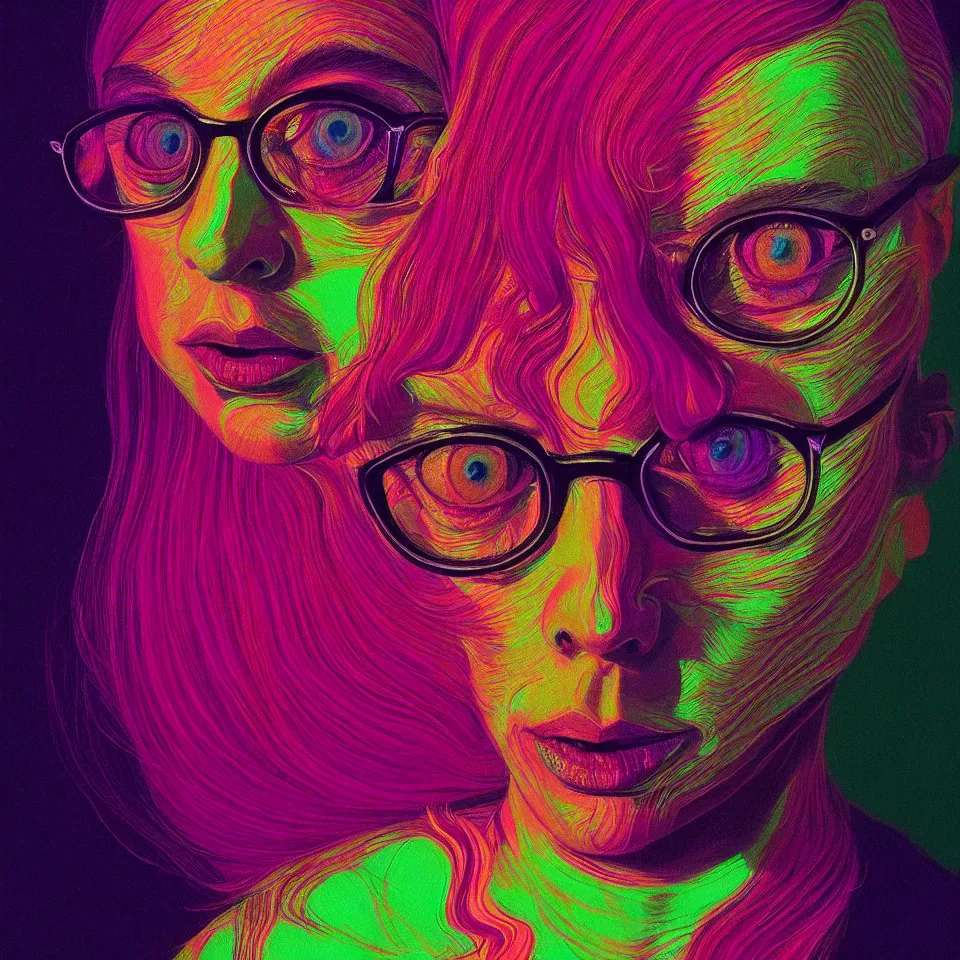Prompt: bright psychedelic todd solondz turning into a woman, diffuse lighting, fantasy, intricate, elegant, highly detailed, lifelike, photorealistic, digital painting, artstation, illustration, concept art, smooth, sharp focus, art by francis bacon