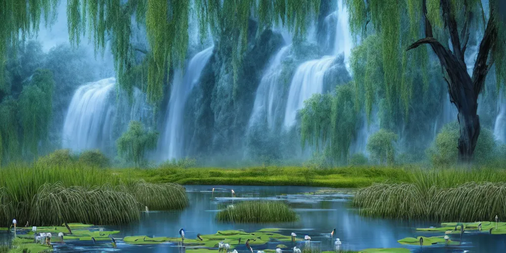 Image similar to a majestic blue heron in shallow river, waterfalls in distance, willow trees, cherry blosom trees, lily pads, bullrushes, marsh, clouds, godrays, intricate, luminescent matte painting, highly detailed, artstation