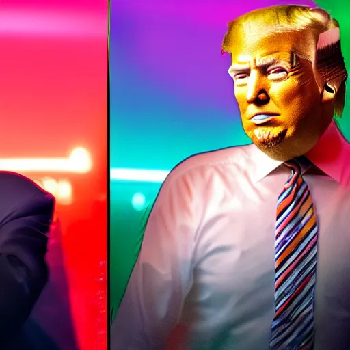 Image similar to donald trump and joe biden fighting inside of a car wash with neon lighting, 4k realistic photo