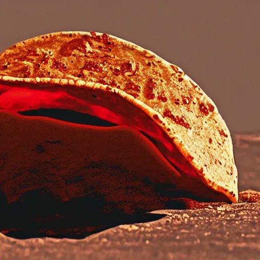 Image similar to a lonely taco on mars, photograph, red lighting, taco,