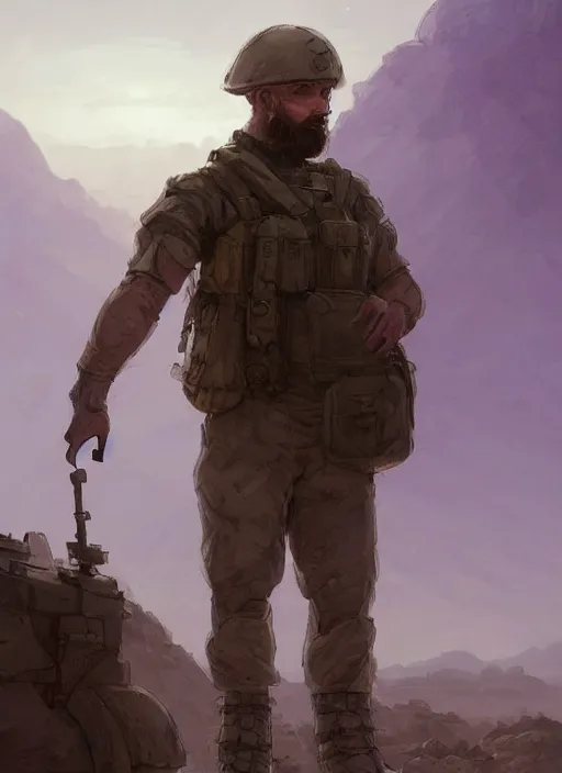 Image similar to purple lighting, detailed character concept illustration, white male strong muscular mature soldier with beard and short hair in a soldier uniform, desert with city in the background, sharp focus, illustration, highly detailed, digital painting, concept art, matte, art by wlop and artgerm and greg rutkowski, masterpiece