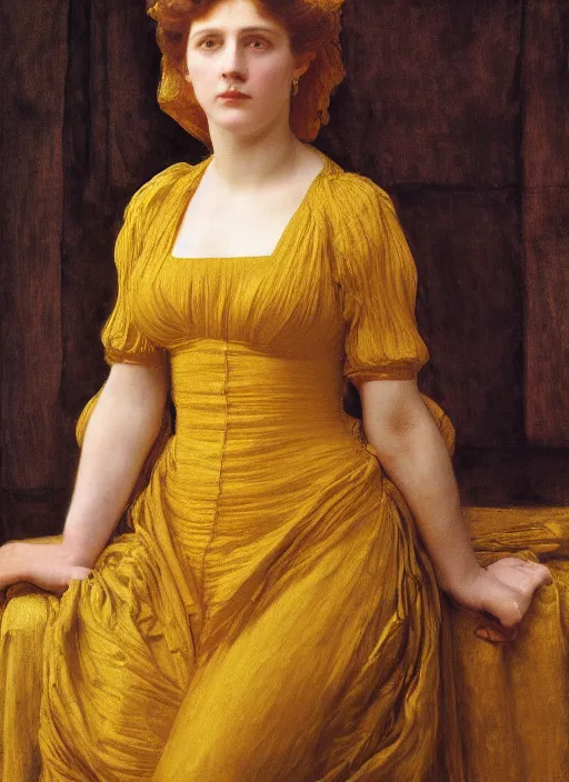 Image similar to portrait of jemma channing, wearing yellow ochre, preraphaelite colour photography by frederic leighton, 8 k