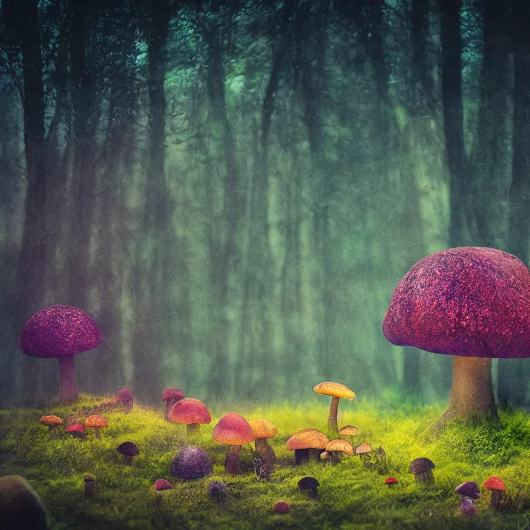 Image similar to a planet of various fungus like trees, mushrooms, flowers and plants, artistic photography, conceptual, long exposure outside the city, volumetric light