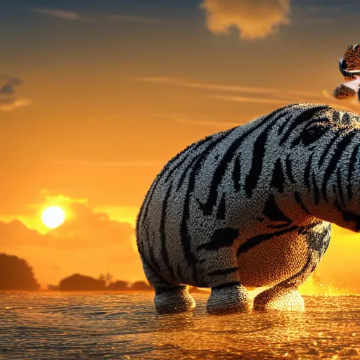 Image similar to a closeup photorealistic photograph of a cute smiling knitted tiger hippopotamus chasing a beachball at sunset. surf in the background. professional capture. this 4 k hd image is trending on artstation, featured on behance, well - rendered, extra crisp, features intricate detail, epic composition and the style of unreal engine.