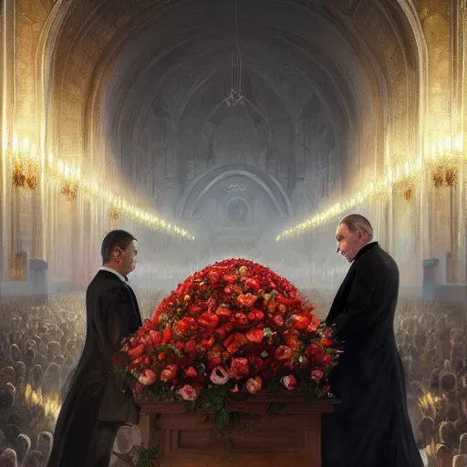 Prompt: putin funeral, death, coffin, portrait, highly detailed, full body, digital painting, trending on artstation, concept art, sharp focus, illustration, art by artgerm and greg rutkowski and magali villeneuve