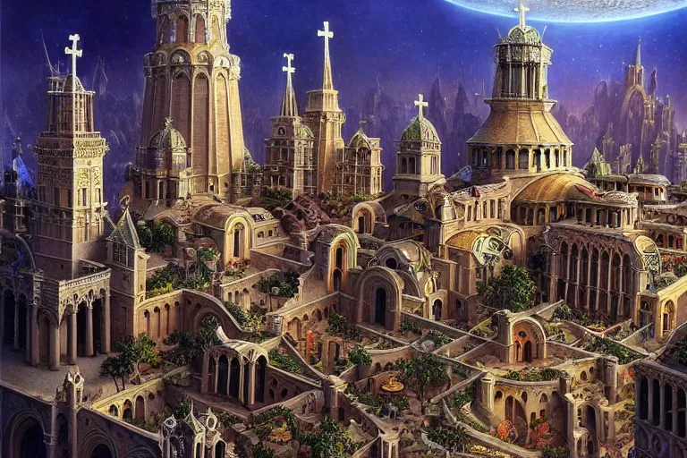 Image similar to a beautiful stunning insanely detailed fantasy matte painting of a byzantine cathedral city buzzing with activity and magical creatures by Heironymous Bosch and Jim Burns and James Gurney