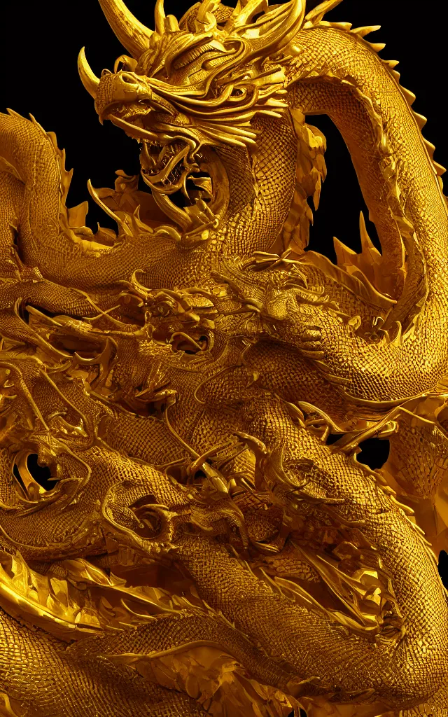 Image similar to depicting a golden dragon. hyper - real, ultra realistic, dark atmosphere, cinematic, 8 k, octane render