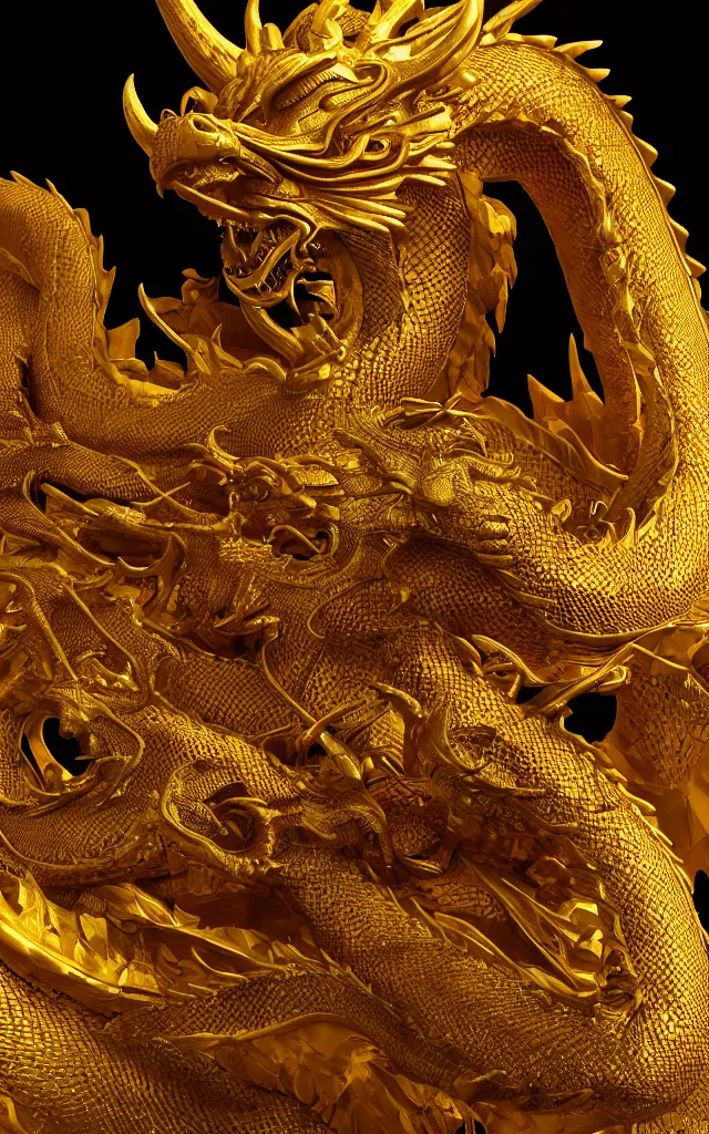 Prompt: depicting a golden dragon. hyper - real, ultra realistic, dark atmosphere, cinematic, 8 k, octane render