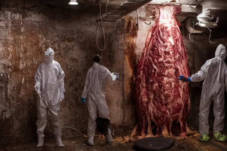 Image similar to a man in a hazmat suit looks on helplessly as a drippy meat monster grows out of control in a creepy underground lab