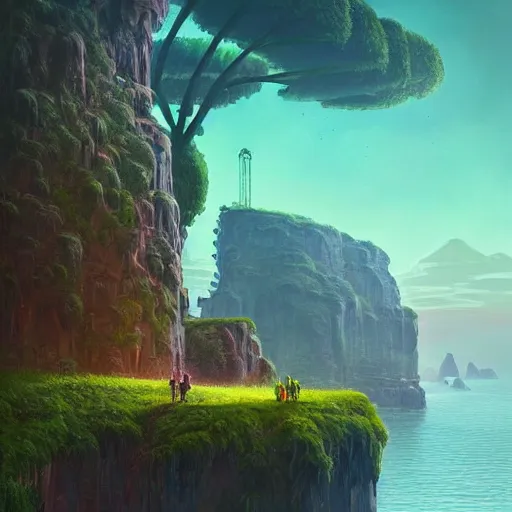 Image similar to digital artwork of a lush natural scene on an alien planet by simon stalenhag. extremely detailed. science fiction. beautiful landscape. weird vegetation. cliffs and water.