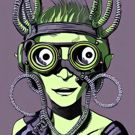 Image similar to a cybergoth guy wearing goggles and eccentric jewelry by jamie hewlett : : full body character concept art, detailed,
