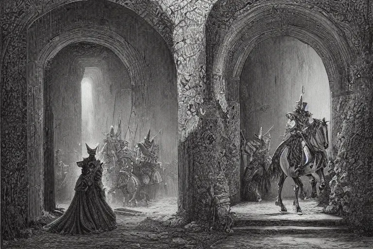 Image similar to highly detailed painting of the gate - in the shape of a book, don quixote runs out, symmetrical, masterpiece, highly detailed painting by gustave dore