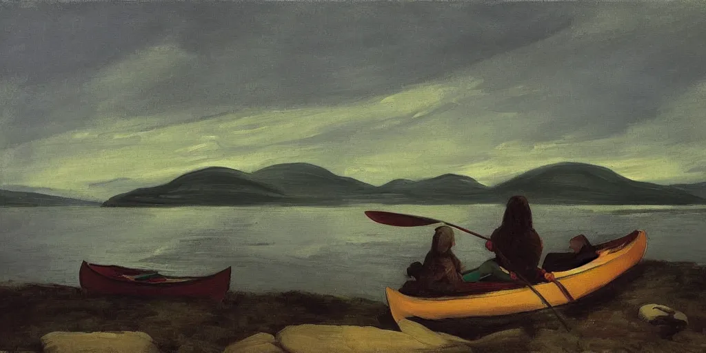 Prompt: “ a woman sitting in canoe on the hudson river, mountains in fog background, green colors, highly detailed, oil painting, by george bellows ”