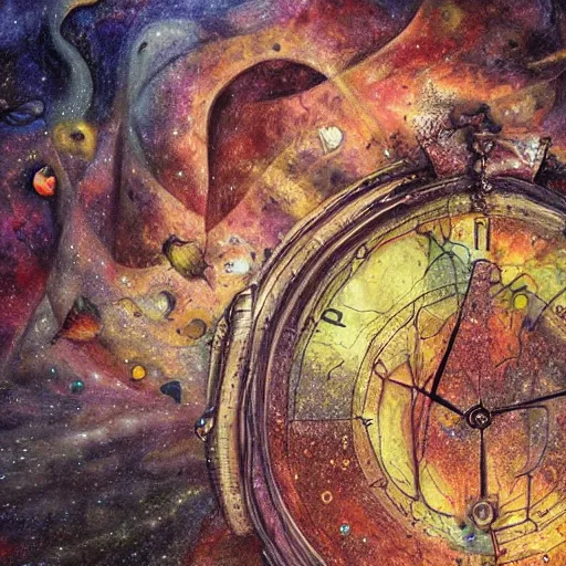 Image similar to time comes unraveled on the edges of the void, disintegration of time and matter, fantasy illustration, detailed, rich colors