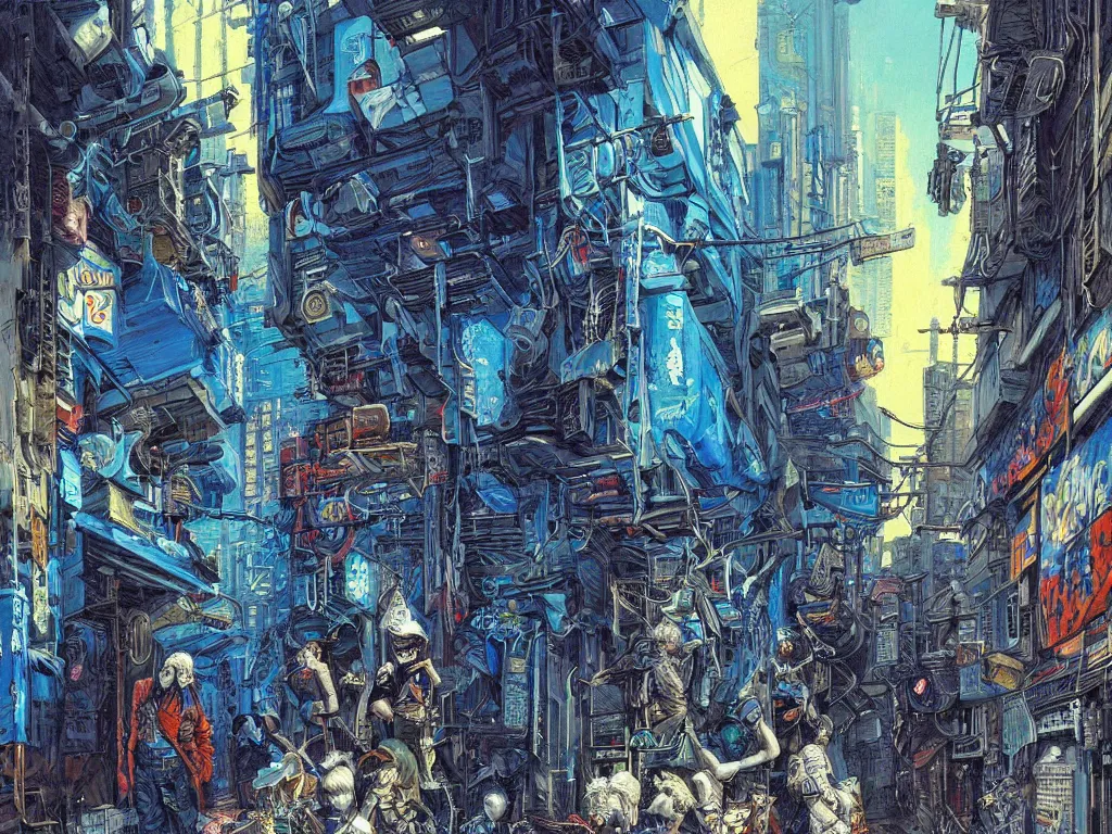 Image similar to a cyberpunk gang in the alleyway between buildings, graffiti, fine detail, intricate, polished, smooth, ultradetailed, blue color scheme, digital art, illustration, impressionist, by john smith and noriyoshi ohrai and george luks