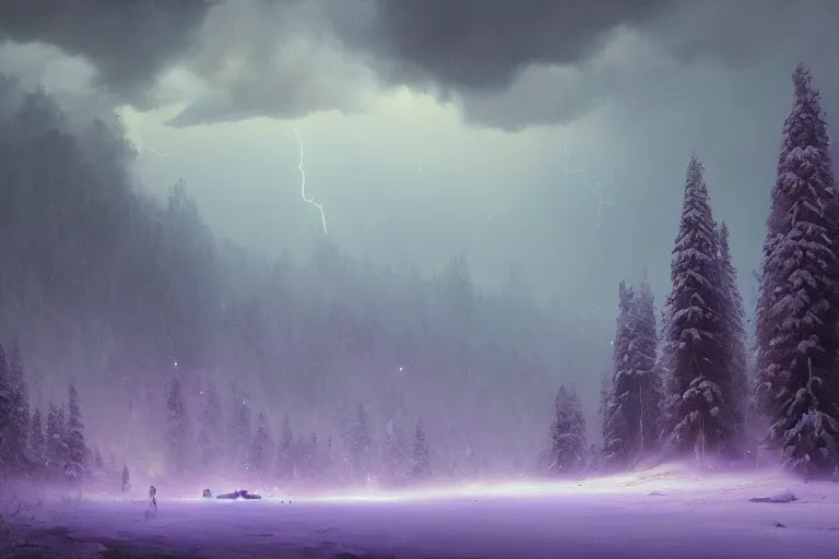 Image similar to a beautiful oil painting of a valley covered in snow, trees with purple, thunderstorm in the sky, blue lighting, gloomy, atmospheric lighting, detailed, beautiful!!, purple bioluminescence, by greg rutkowski, trending on artstation