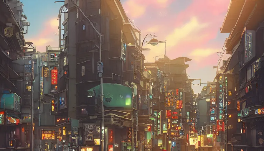 Prompt: A highly detailed matte painting of a tokyo street with a bright shimmering sky by Studio Ghibli, Mokoto Shinkai, by Artgerm, by beeple, volumetric lighting, octane render, 4K resolution, trending on artstation, vivid colours