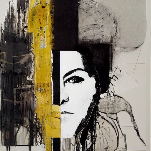 Prompt: The performance art is an abstract portrait of a woman. The woman's face is divided into two halves, one half is black and the other is white. The woman's eyes are large and staring. The performance art is full of energy and movement. electric, Still Life by Robert Rauschenberg mild