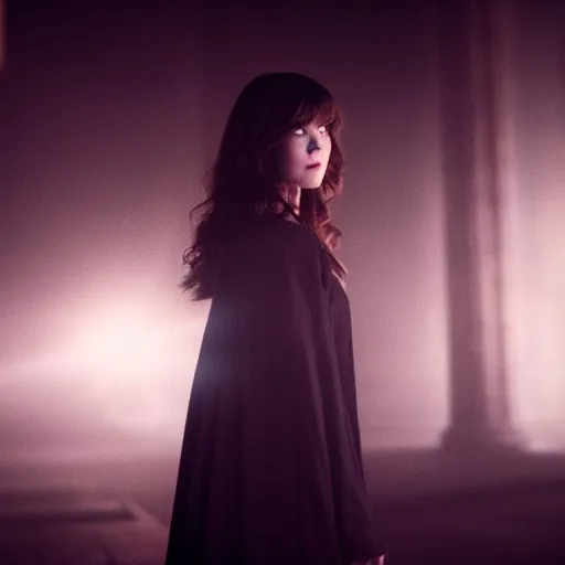 Prompt: medium shot of mary elizabeth winstead as a vampire in a gothic cathedral at night, gloomy, cinematic, ground mist, volumetric light.