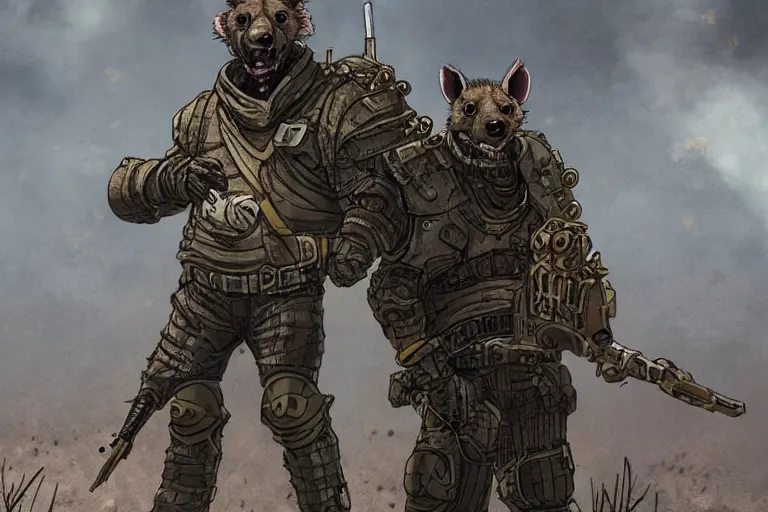 Image similar to a good ol'hyena fursona ( from the furry fandom ), heavily armed and armored facing down armageddon in a dark and gritty version from the makers of mad max : fury road. witness me.