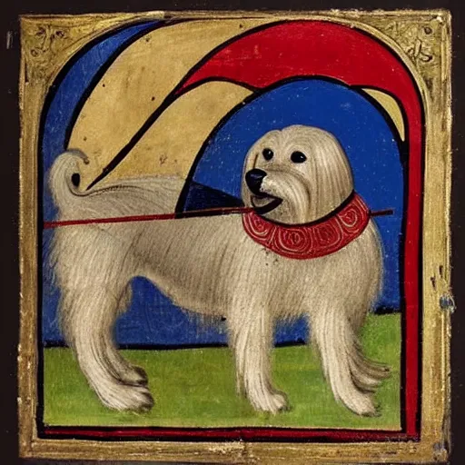 Image similar to medieval painting of a maltese dog as a lord
