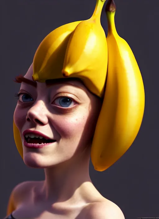 Image similar to anthropomorphic portrait of emma stone as a banana, au naturel, hyper detailed, digital art, trending in artstation, cinematic lighting, studio quality, smooth render, unreal engine 5 rendered, octane rendered, art style by klimt and nixeu and ian sprigger and wlop and krenz cushart and pixar and riot and overwatch