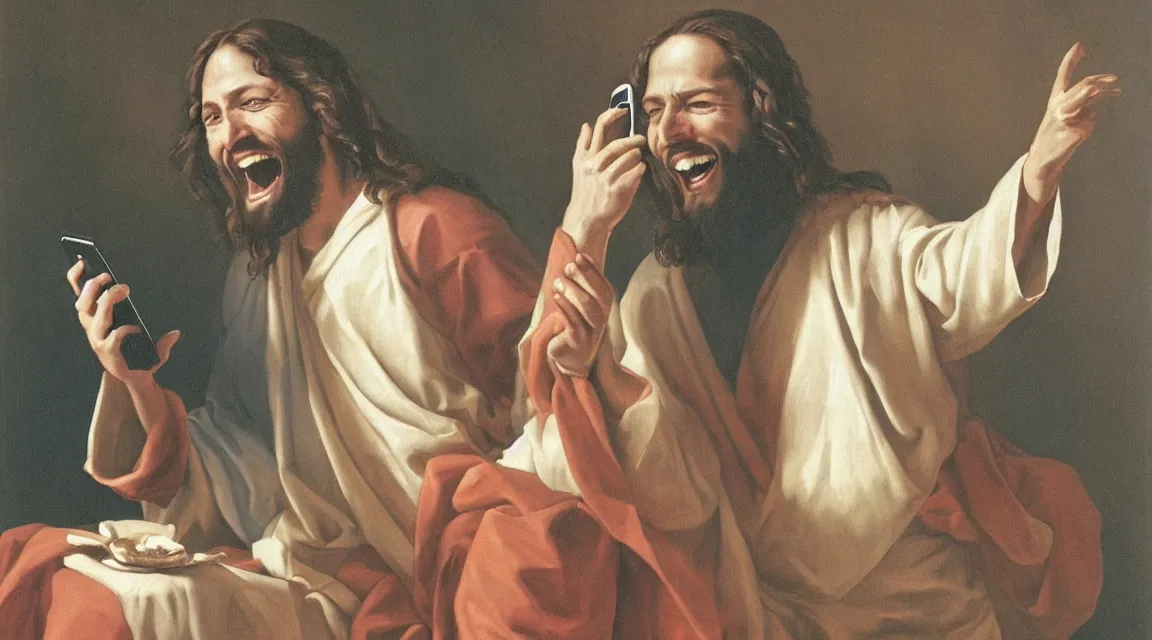 Image similar to portrait of one Jesus laughin because see a meme in him cellphone, no letters, one person