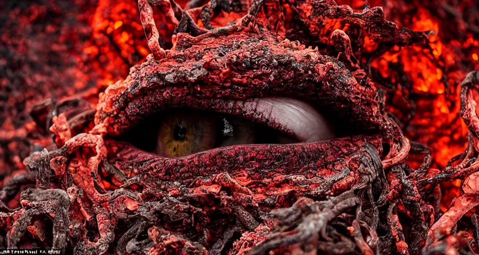 Image similar to a volcano made of ivory vines and crimson rocks enters in eruption, it spits a smoke in the shape of demonic eye, by Kirsty Mitchell