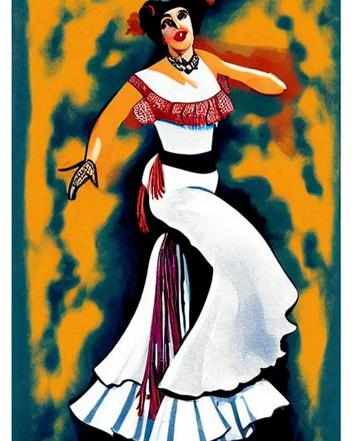 Image similar to an advertising poster of a andalusian flamenco dancer marin doll, retro style of andalusian fair poster