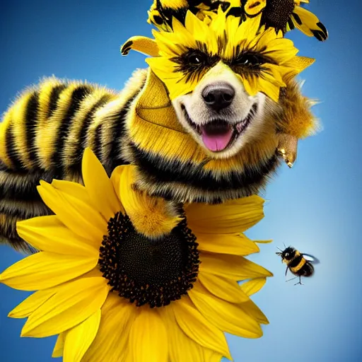 Image similar to bumblebee dog with bumblebee coat wearing a sunflower covered in bumblebees as a hat, photo realistic, studio lighting, realistic shadows, 4 k