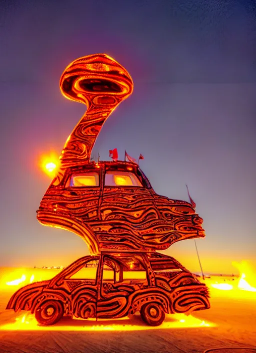 Image similar to burning man art car, sunset, 4 k