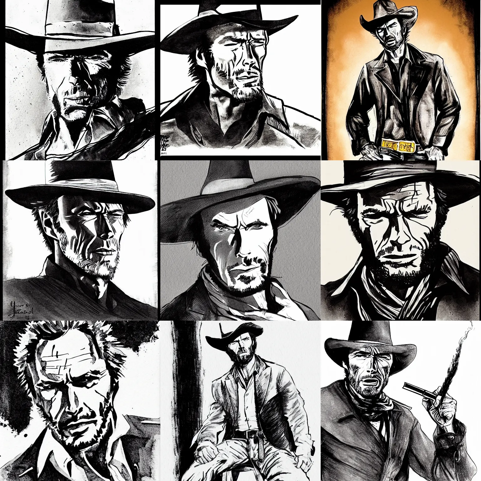 Prompt: Clint Eastwood. A Fistful Of Dollars. Short Cigar burning. Western. Classic Pose. Portrait. Pen and Ink. Monochrome
