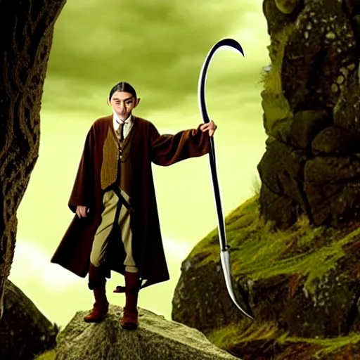 Image similar to mr. bean as legolas from lord of the rings. movie still. cinematic lighting.