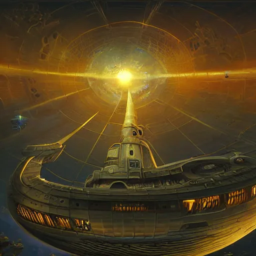 Prompt: cinematic shot long space ship flying in deep space golden hull long golden tentacles steampunk style atmosferic retro style ames eads casper david friedrich raphael lacoste vladimir kush tim white leis royo michael whelan bruce pennington volumetric light effect broad light oil painting painting fantasy art style sci - fi art style realism artwork unreal engine