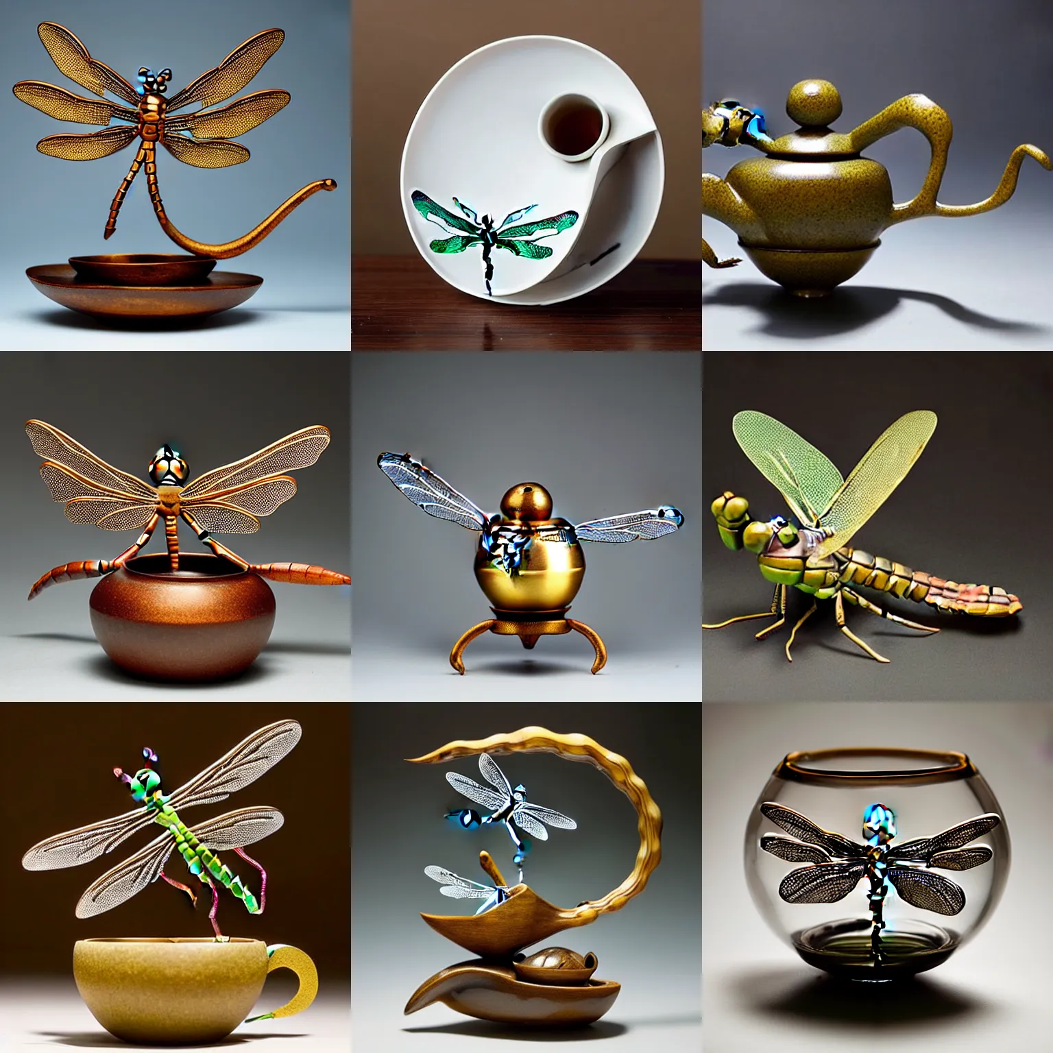 Prompt: Dragonfly-shaped, dragonfly-like, a bespoke dragonfly-formed tea-brewing pouring vessel in the shape of a dragonfly, that looks like a dragonfly, that has the form of a dragonfly, dragonfly-shaped