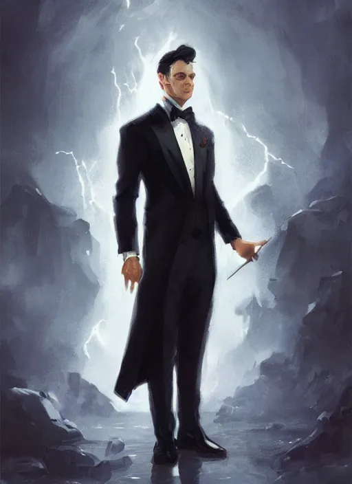 Prompt: strapping young man, wearing a tuxedo, fantasy, epic, atmospheric, dark, lightning, by artgerm, by greg rutkowski, by noah bradley, digital avedon