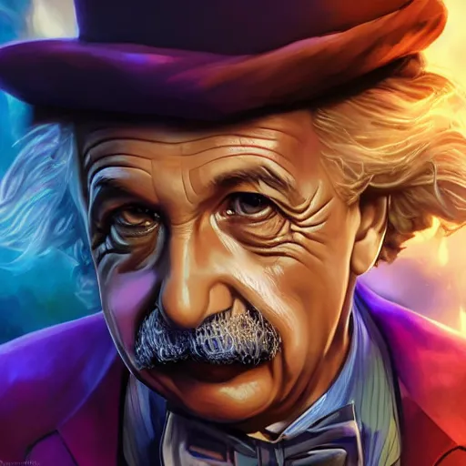 Image similar to portrait of albert einstein as willy wonka, league of legends amazing splashscreen artwork, fantasy, splash art, natural light, elegant, photorealistic facial features, intricate, fantasy, detailed face, atmospheric lighting, anamorphic lens flare, cinematic lighting, league of legends splash art, hd wallpaper, ultra high details by greg rutkowski