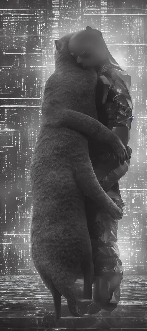 Image similar to black seal hugging gray cat, romantic in cyberpunk world, dramatic, cinematic footage, volumetric iight, octan render 4 k