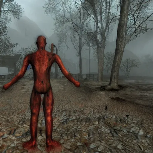 Image similar to half silent hill half morrowind, realistic, highly detailed