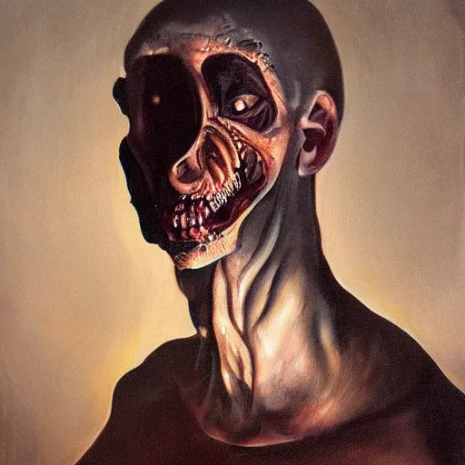 Image similar to the most disturbing oil painting ever made by christian rex van minnen of a portrait of an extremely bizarre disturbing mutated man with intense chiaroscuro lighting perfect composition