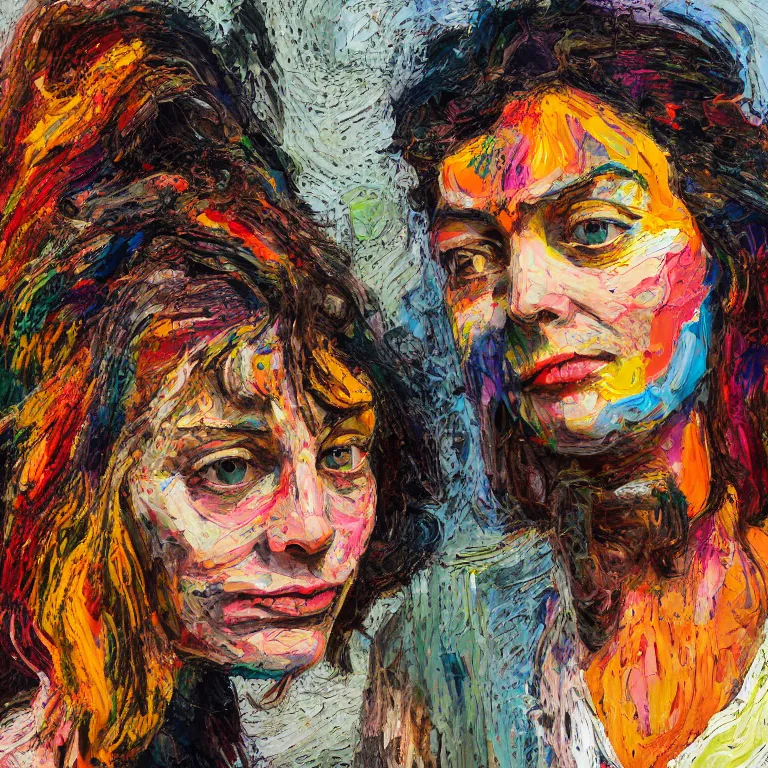 Image similar to close up studio portrait of Sweet faced hippy chick with her hair in a bandana in 1972, impasto heavy brushstrokes oil painting by Lucian Freud and Tim Hawkinson and Cy Twombly, Intense colors trending on artstation dramatic lighting Expressionism