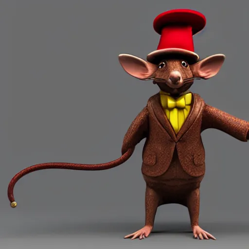 Image similar to a fancy uptown rat with a fancy uptown hat, 3d model, octane, realistic lighting, dynamic shadows