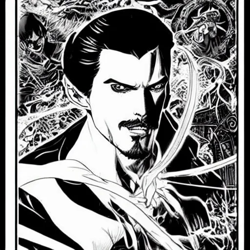 Prompt: pen and ink!!!! attractive 22 year old Dr. Strange Gantz monochrome!!!! Frank Zappa highly detailed manga Vagabond!!!! telepathic floating magic swordsman!!!! glides through a beautiful!!!!!!! battlefield magic the gathering dramatic esoteric!!!!!! pen and ink!!!!! illustrated in high detail!!!!!!!! graphic novel!!!!!!!!! by Hiroya Oku!!!!!!!!! and Frank Miller!!!!!!!!! MTG!!! award winning!!!! full closeup portrait!!!!! action manga panel