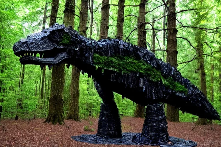 Image similar to mossy recycled tire sculpture of a tyrannosaurus in the forest