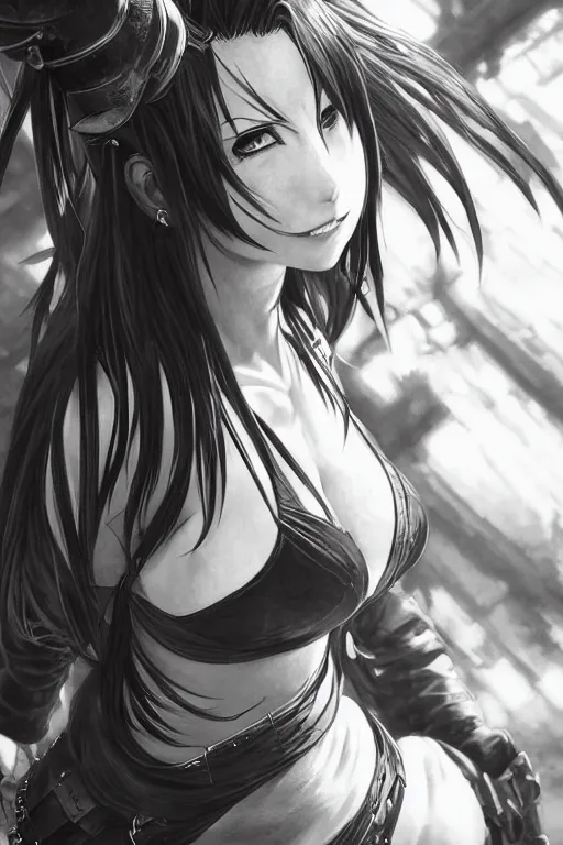 Prompt: alluring highly detailed manga line art portrait of tifa, very detailed, realistic, by Stanley Artgerm Lau, greg rutkowski, thomas kindkade, alphonse mucha, loish, norman rockwell J.