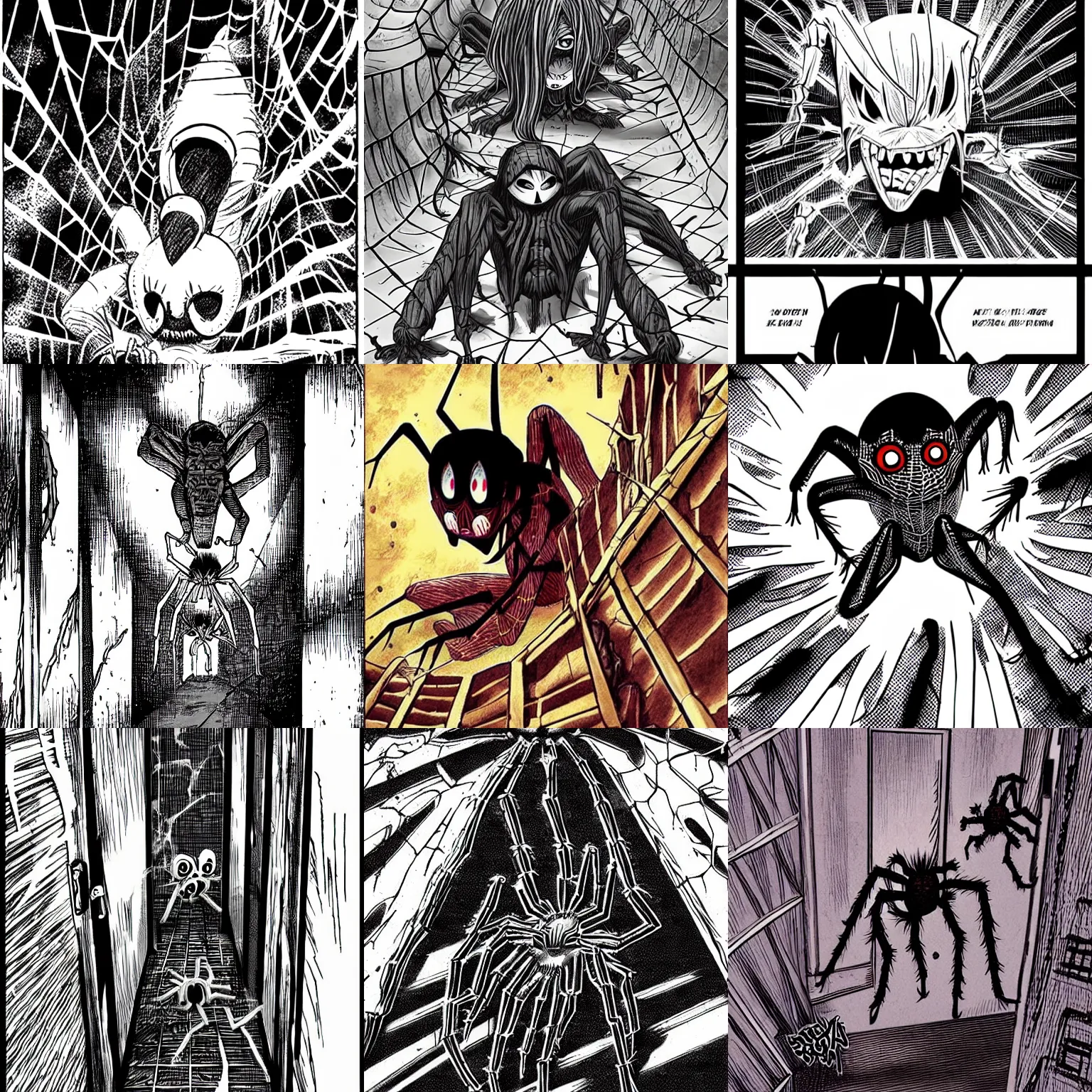 Prompt: spiders crawl out of the wall, horror manga style
